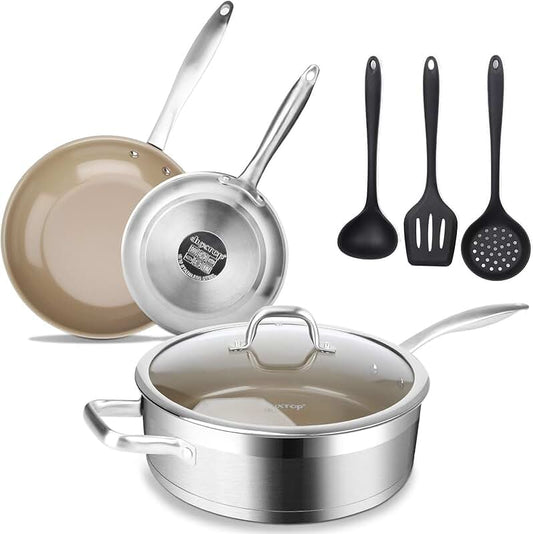 Set of four kitchen utensils with wooden handles and a 7.8-inch iron sauce pan
