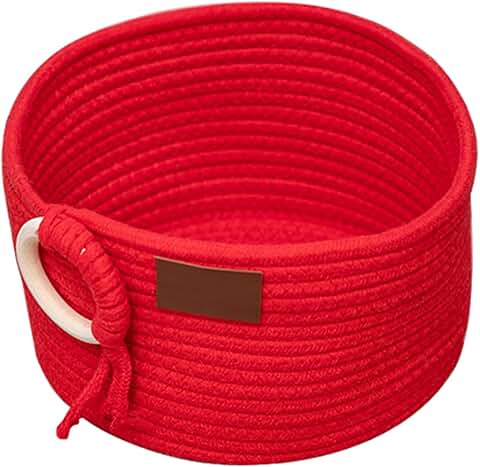 Red Cotton Rope Storage Basket with Wooden Ring, 9.84 x 9.84 x 5.91 Inches