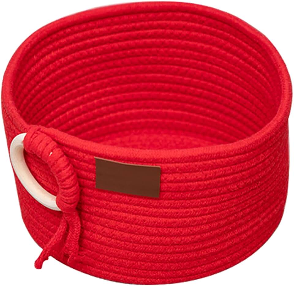 Red Cotton Rope Storage Basket with Wooden Ring, 9.84 x 9.84 x 5.91 Inches