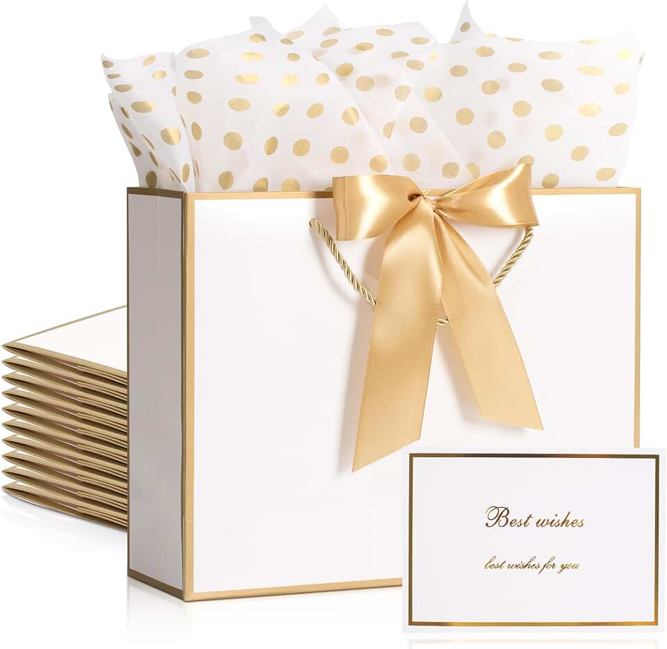 Set of 10 Medium Gift Bags with Tissue, Cards, Ribbons