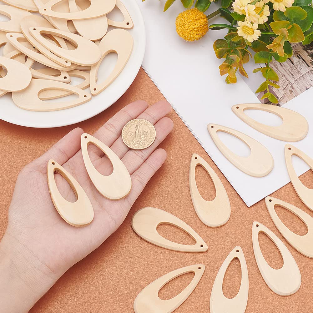 Wooden Tear Charms - 40pcs Hollow Teardrop Pendants