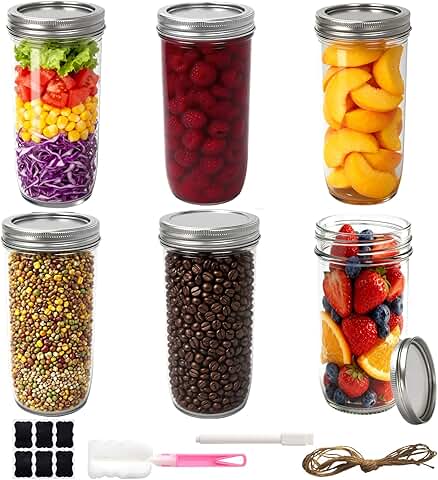 Set of 6 24 oz Wide Mouth Glass Jars with Lids
