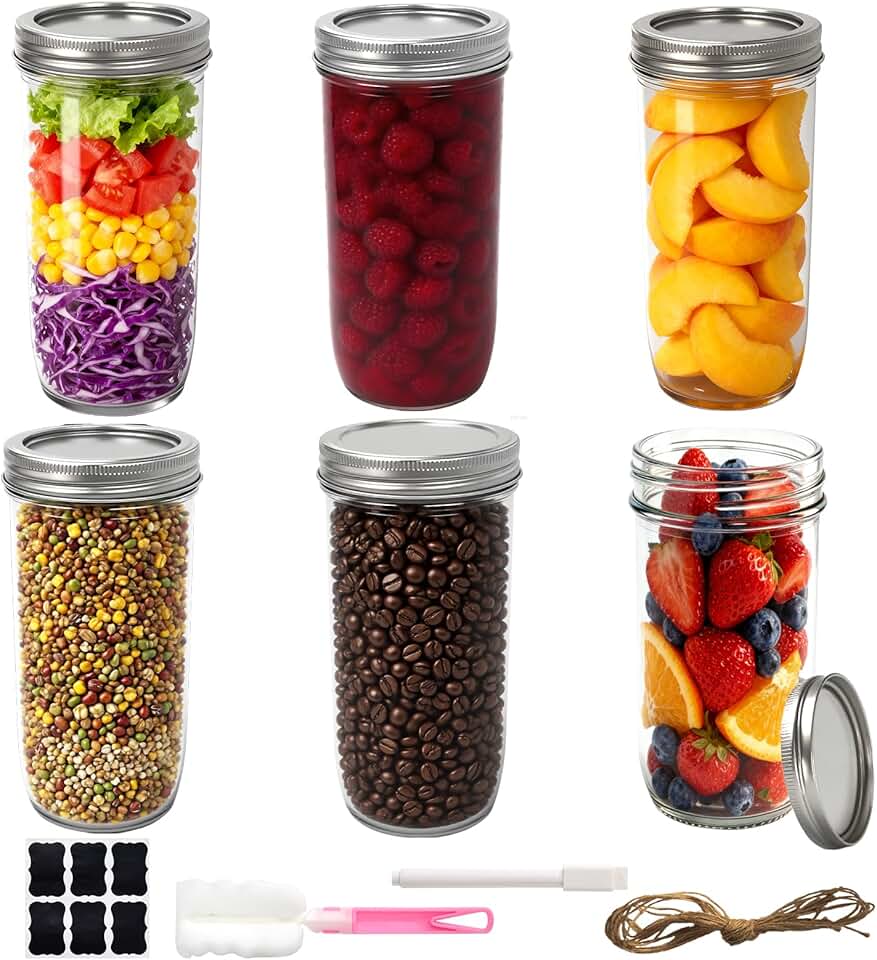 Set of 6 24 oz Wide Mouth Glass Jars with Lids