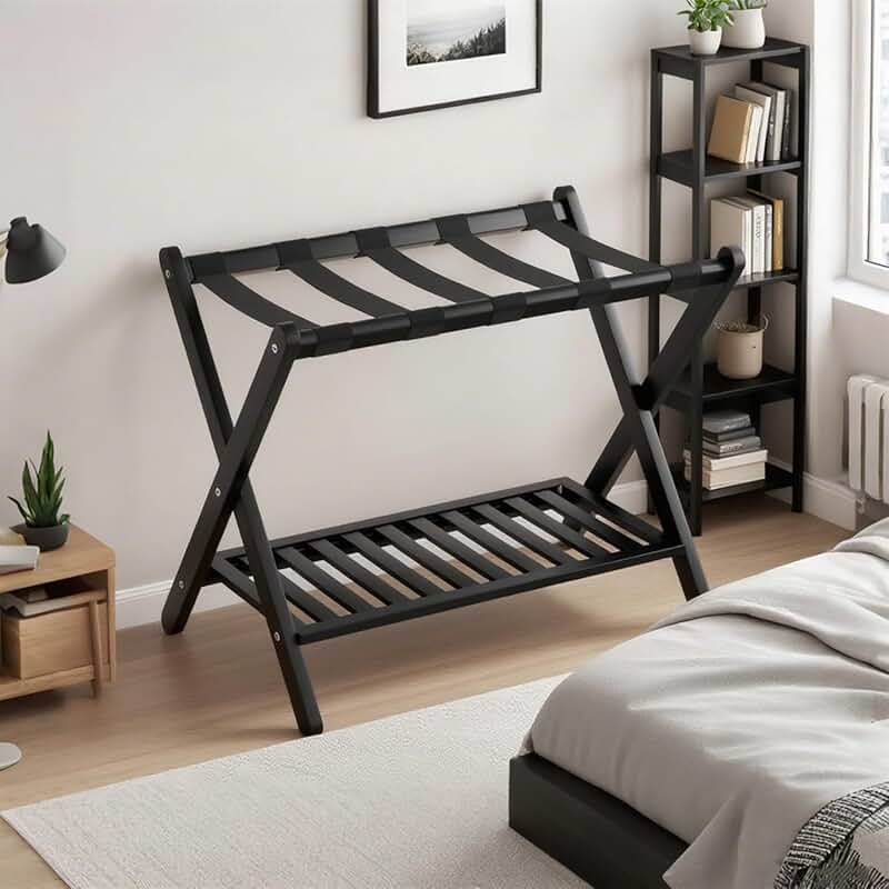 Folding Bamboo Luggage Rack with Shoe Shelf