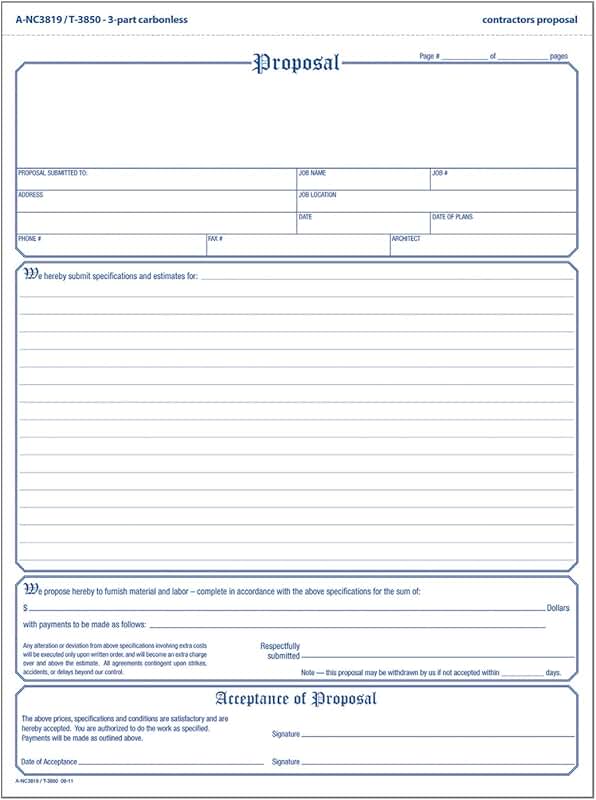 Contractor's Proposal Forms, 8.5 x 11.44 Inch, 3-Part, 50 Pack