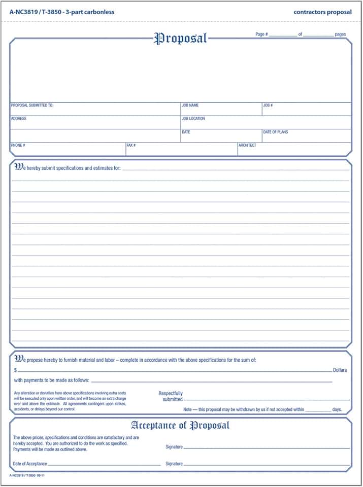 Contractor's Proposal Forms, 8.5 x 11.44 Inch, 3-Part, 50 Pack