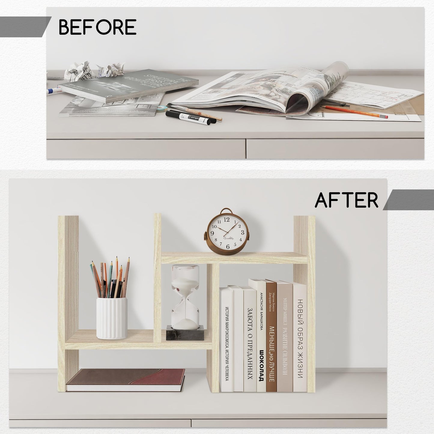 Adjustable Wooden Desk Organizer and Shelf