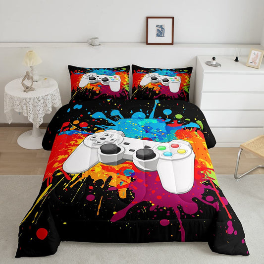 Gaming Comforter Set Twin Size Boys White Gamepad Quilted Duvet Colorful Tie Dye Style Hippie Duvet Insert for Teens Kids Graffiti Hip-Hop Theme Bedding Duvet Video Games Gamer Bedding Comforters
