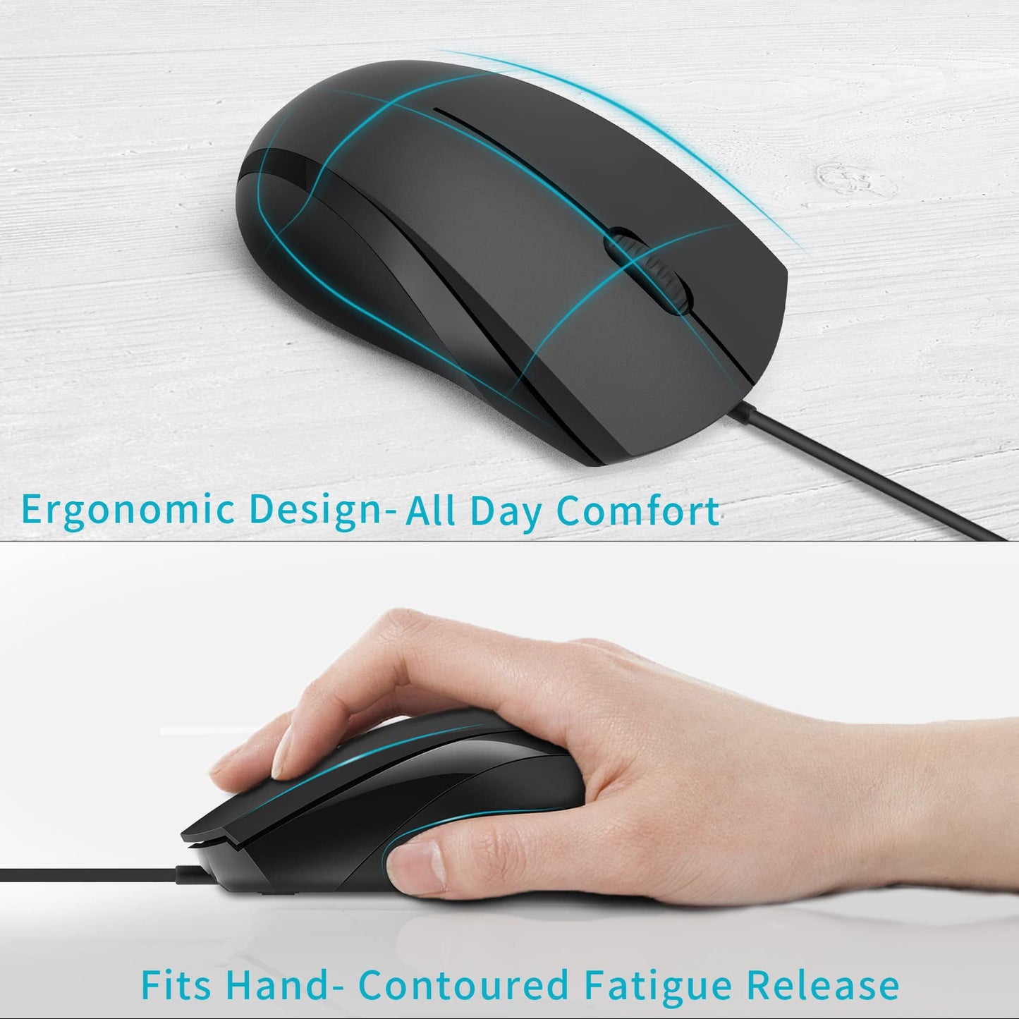 Silent Wired Mouse, 1000 DPI 5ft Cord Quiet Button Optical Computer Mouse, Left Right Hand Use, for Laptop Chromebook Mac Notebook, Matte Black