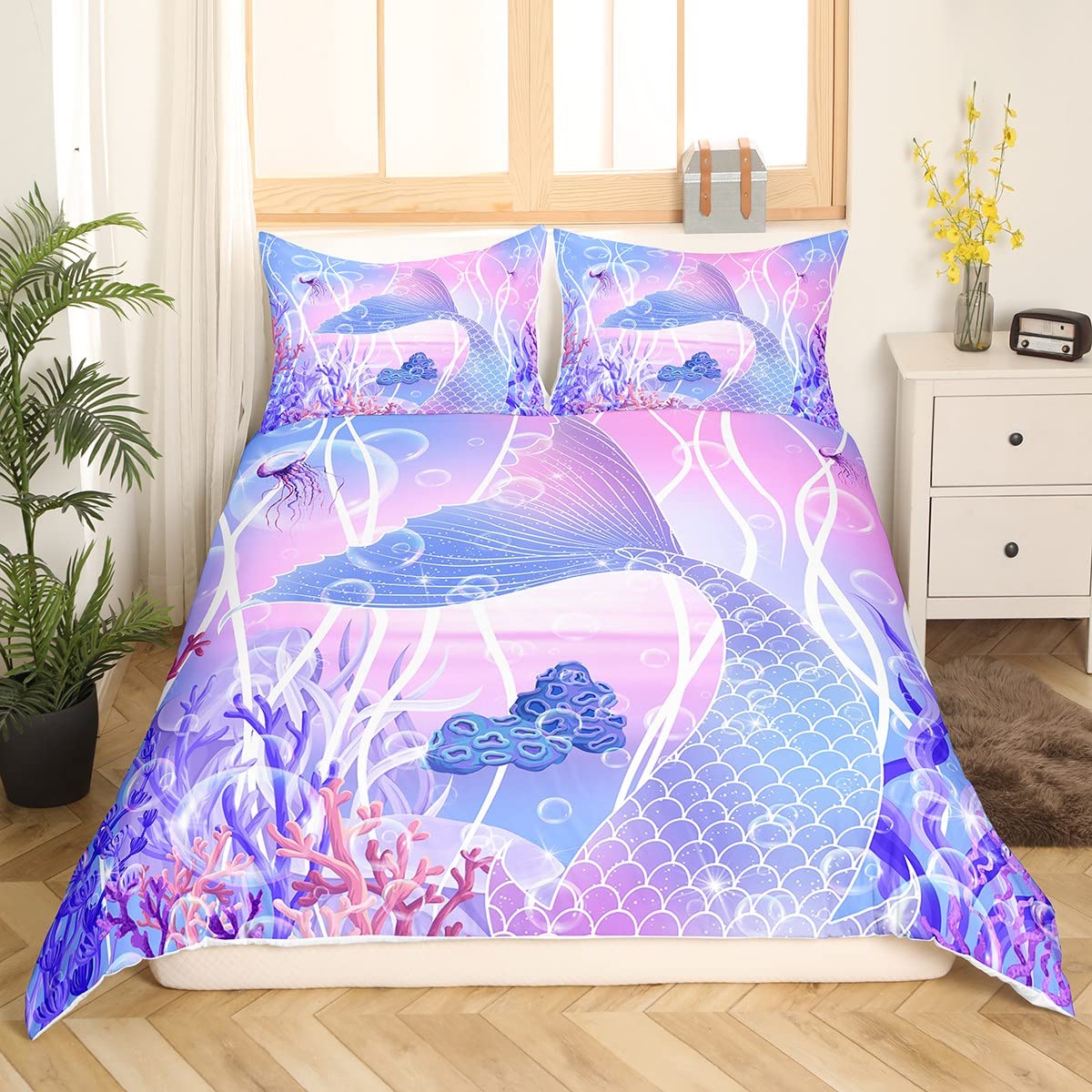 Mermaid Tail Bedding Set, l Sea Animal K aii Duvet Cover Twin Size for Kids Child,Fish Scale Comforter Cover Ocean Sealife Bed Sets Blue Purple Coral Se eed Bedroom Decor