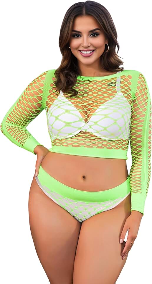 Plus Size Women Fishnet Bodystocking Two-Piece Lingerie