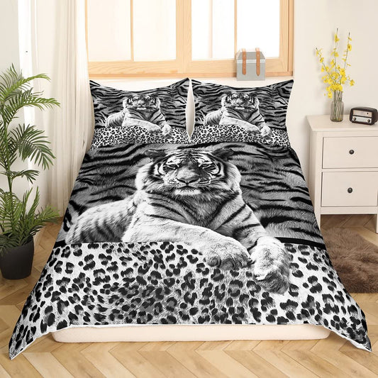 Tiger Print Duvet Cover Twin,Wild Animals Theme Bedding Set For Kids Boys Teens Room,Leopard Print Tiger Animal Fur Pattern Soft Comforter Cover,2Pcs Black White Quilt Cover With 1 Pillow Sham