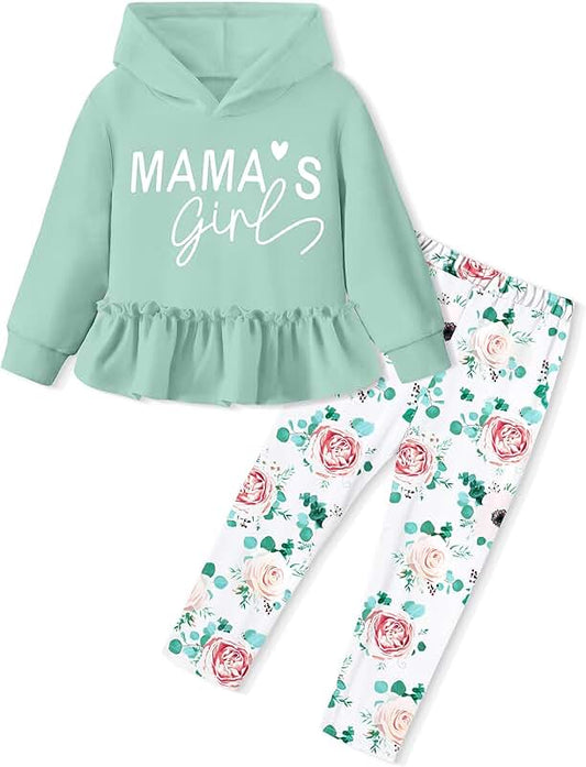 Toddler Girl Long Sleeve Ruffle Hoodie and Floral Pants Set
