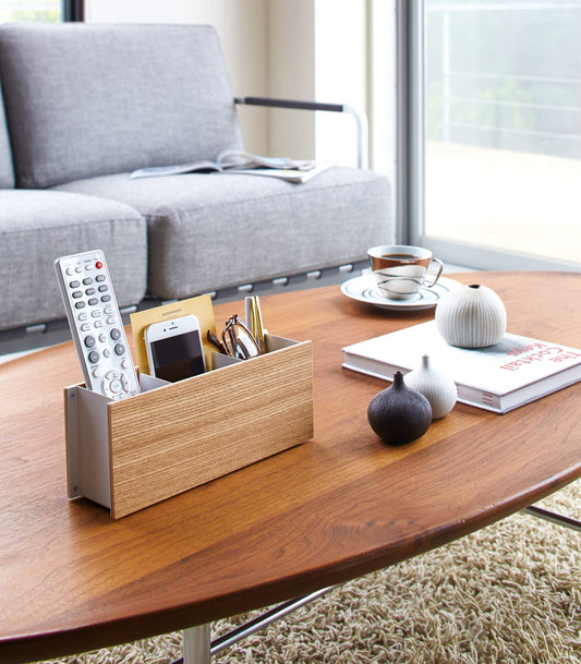 Small Steel and Wood Desk Organizer for Remote and Pen