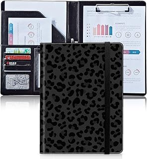 Black Leopard Print Leather Portfolio with Card and Paper Slots