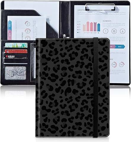 Black Leopard Print Leather Portfolio with Card and Paper Slots