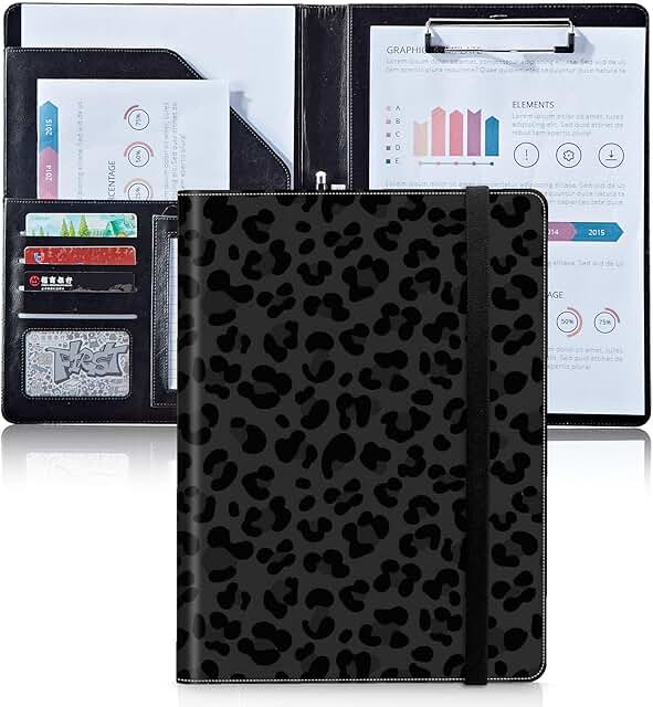 Black Leopard Print Leather Portfolio with Card and Paper Slots