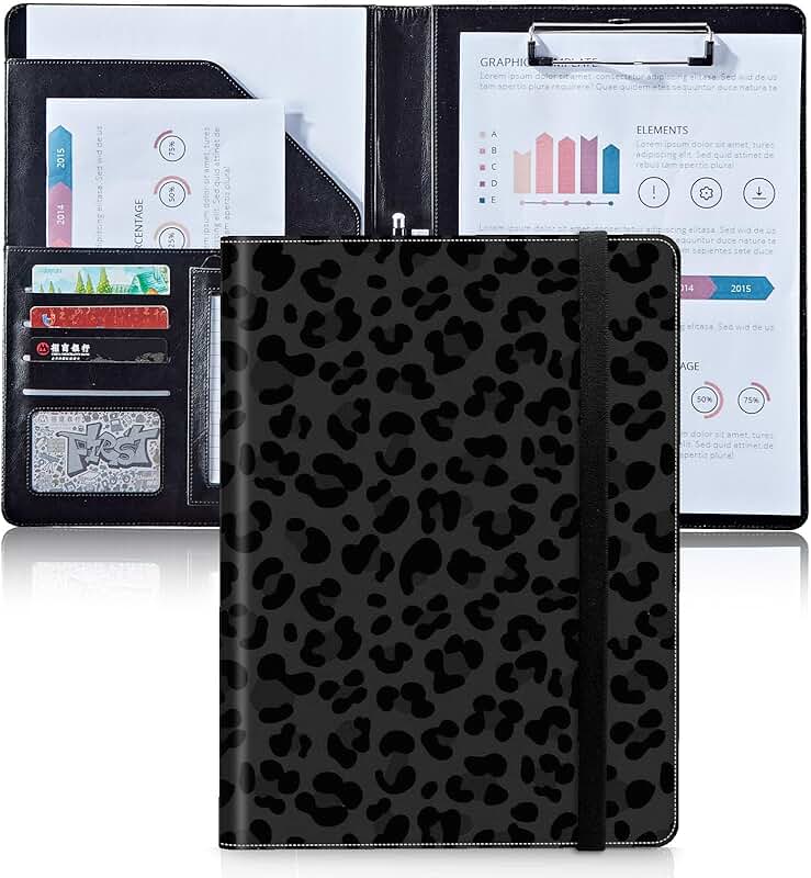 Black Leopard Print Leather Portfolio with Card and Paper Slots