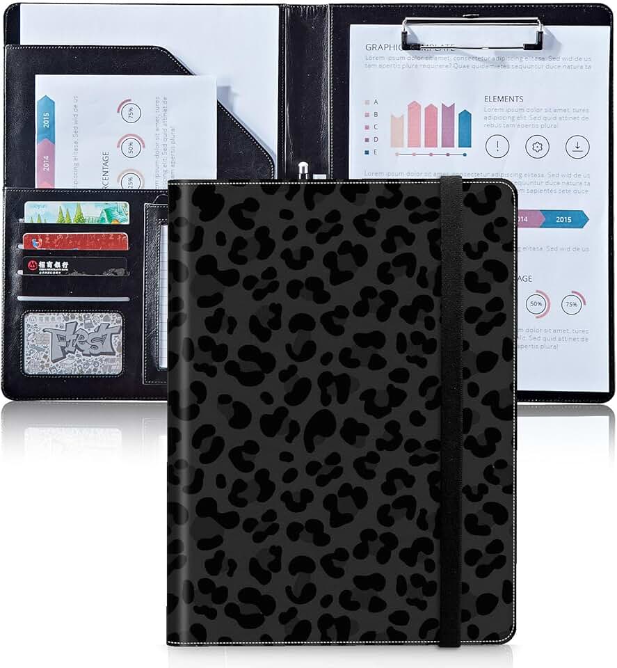 Black Leopard Print Leather Portfolio with Card and Paper Slots