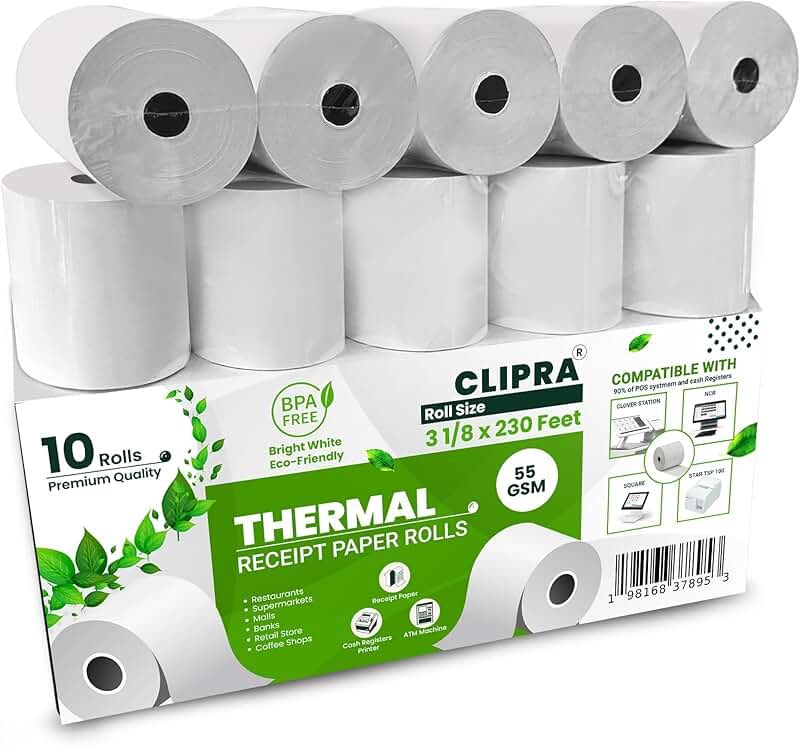 3 1/8 x 230 Thermal Receipt Paper Rolls, 10 Pack