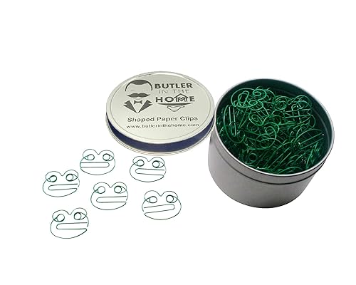 Green frog-shaped paper clips in round tin, 100 count