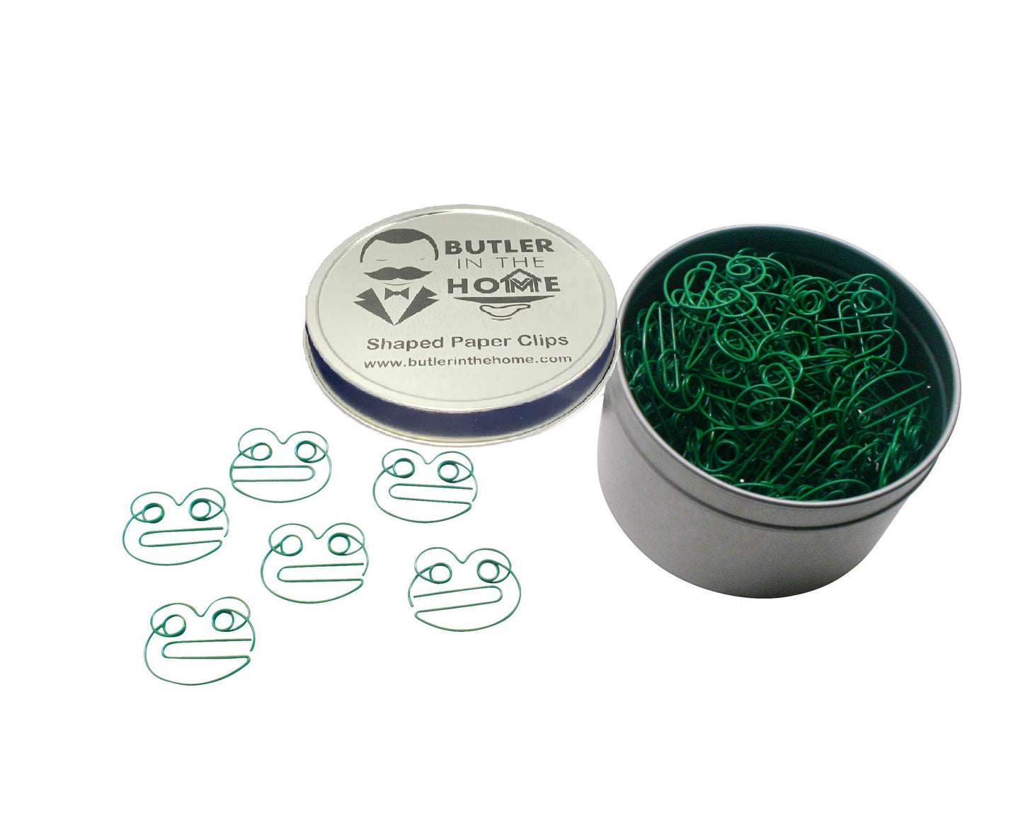 Green frog-shaped paper clips in round tin, 100 count