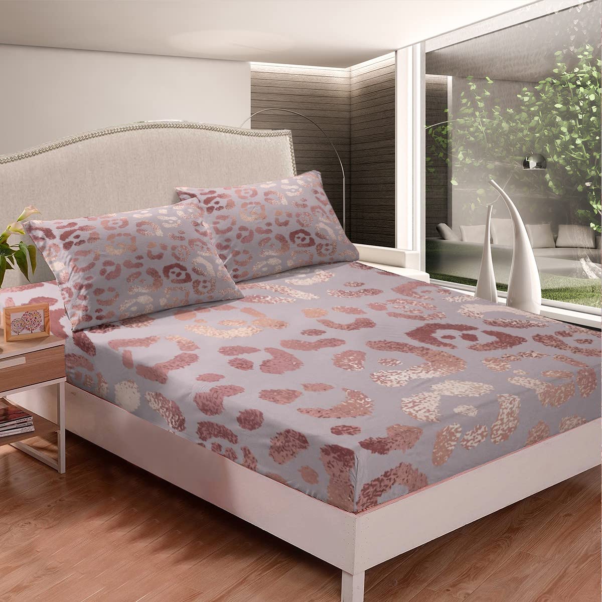 Cheetah Print Fitted Sheet Rose Gold Colored Leopard Print Bed Sheets Full Size Pink Sequin Sheets Safari Animal Bedding Ultra Soft Cozy Durable Bed Cover