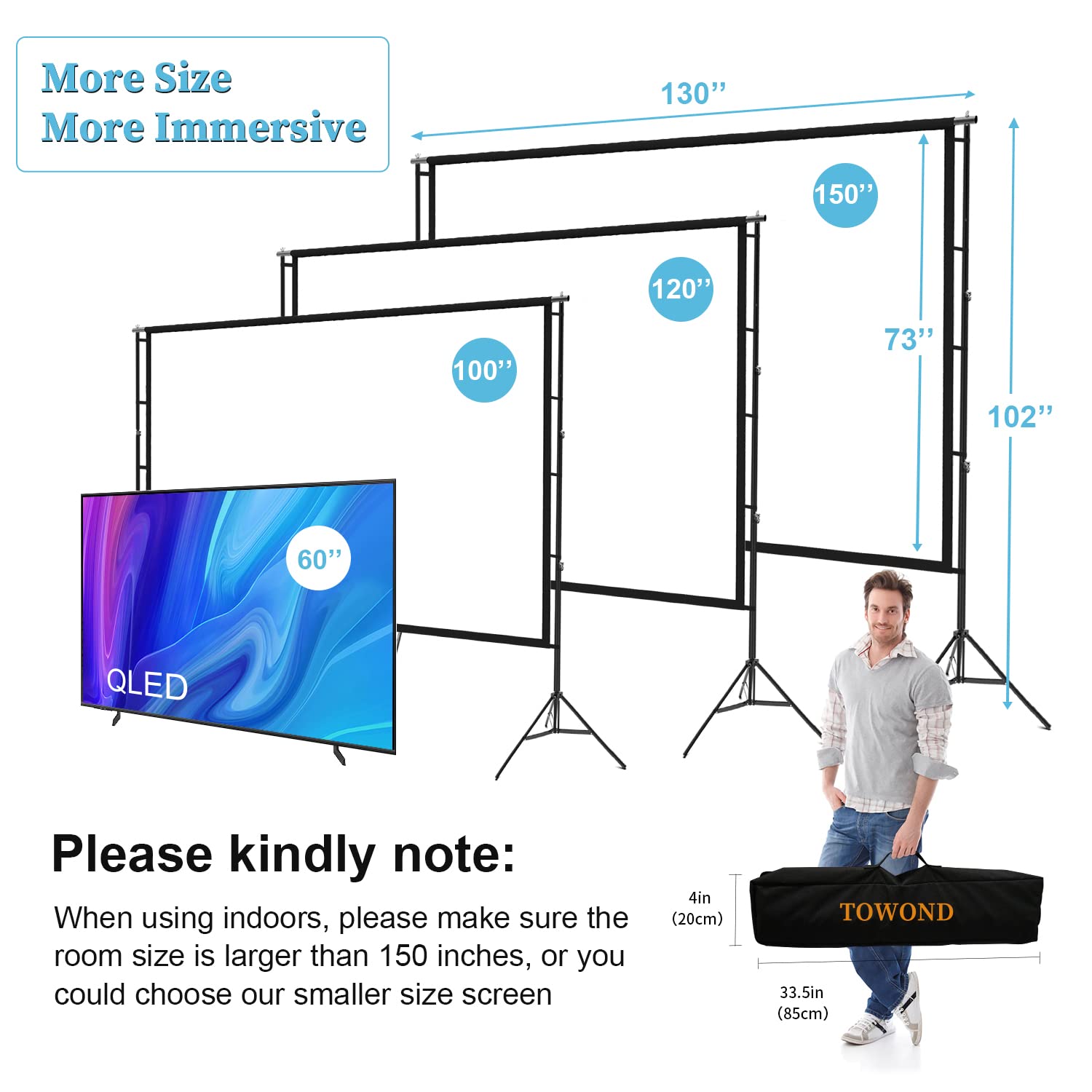 Projector Screen and Stand, 150 inch Indoor Outdoor Projection Screen, Portable 16:9 4K HD Rear Front Movie Screen Pull Down with Carry Bag Wrinkle-Free Design for Home Theater Backyard Cinema