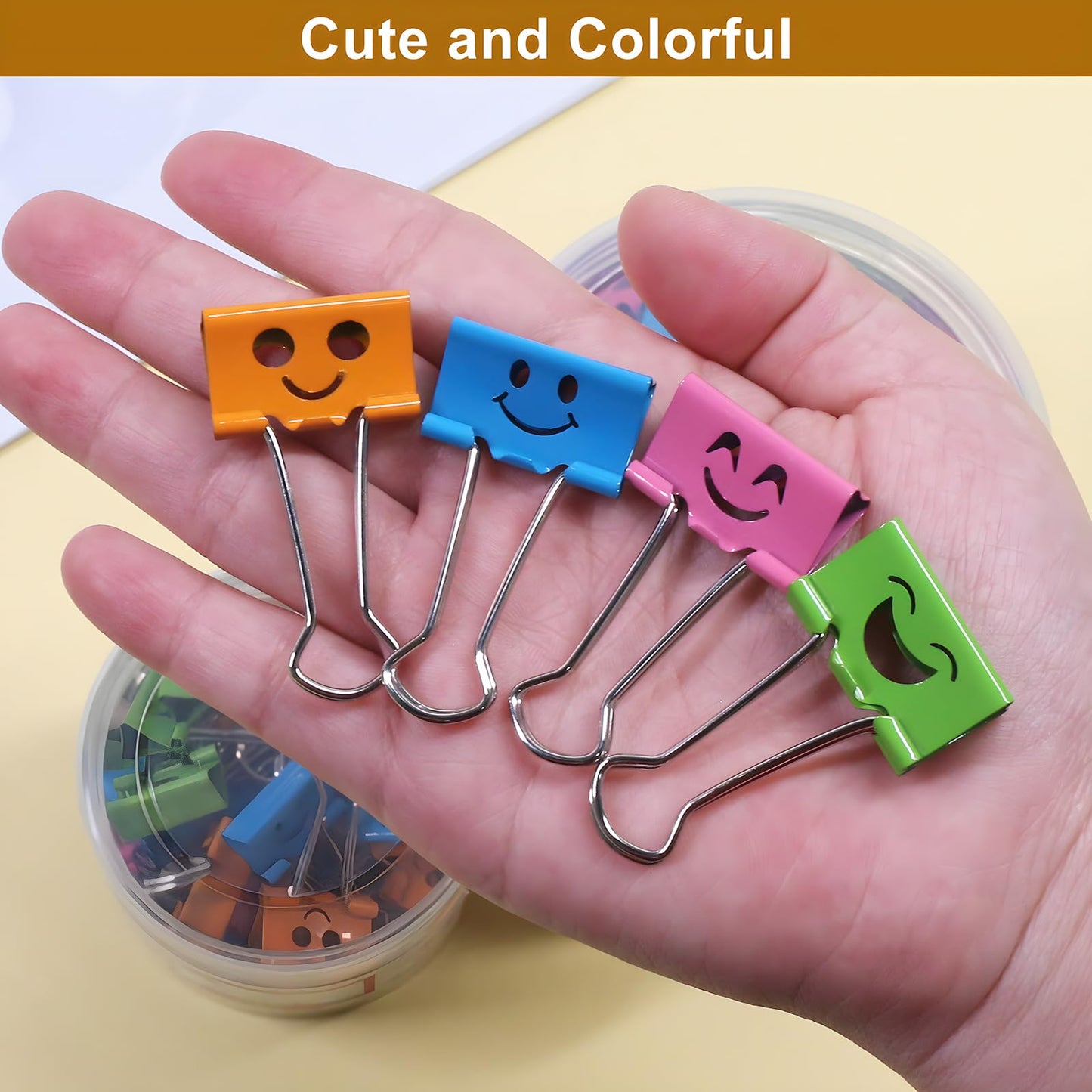 Set of 48 colorful smiley face binder clips, 1 inch