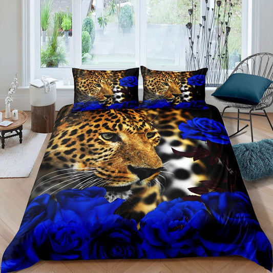 Cheetah Bedding Set Queen Size Blue Rose Flower Leopard Print Duvet Cover Sets, Africa Wild Animal Theme Bed Comforter Cover for Child Teen Girls Boys Women Man Bedroom Decorations