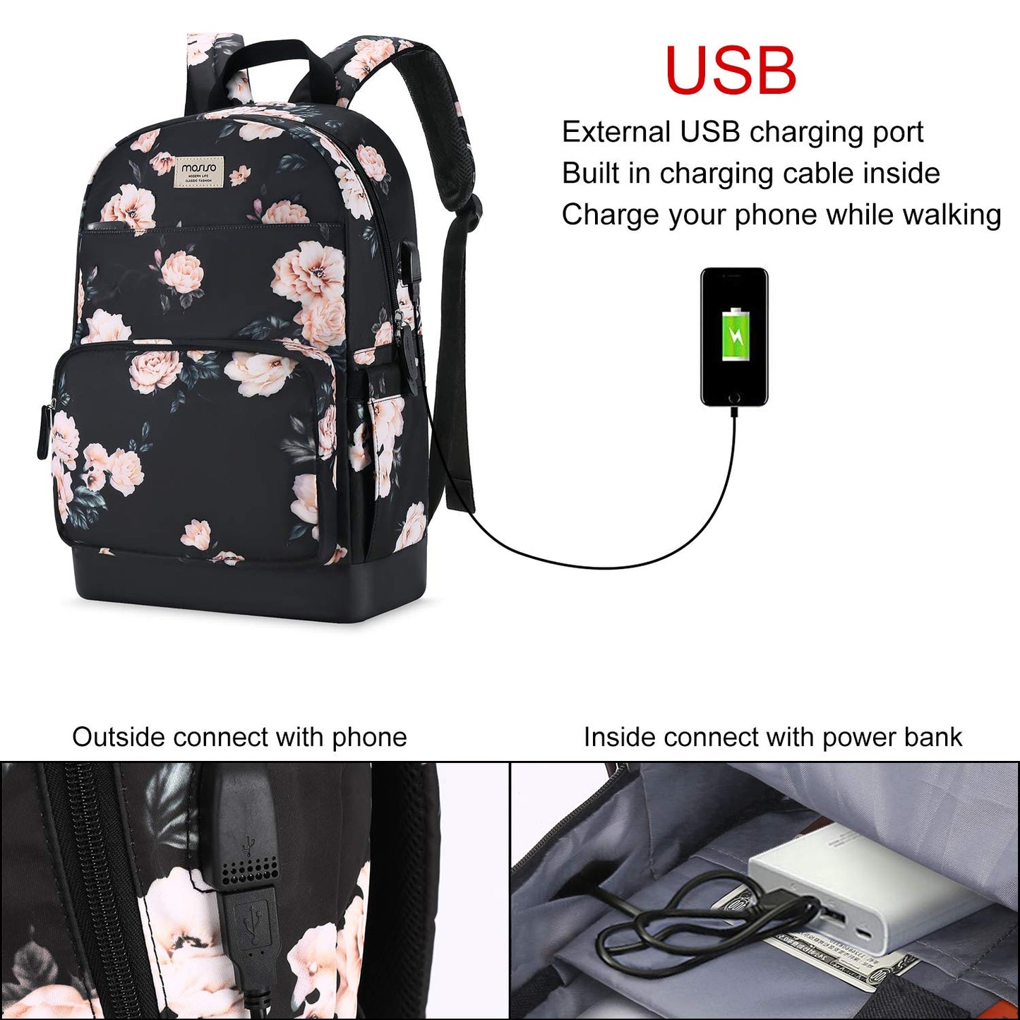 15.6-16 inch Laptop Backpack for Women Girls, Polyester Anti-Theft Stylish Casual Daypack Bag with Luggage Strap & USB Charging Port, Camellia Travel Business College School Bookbag, Black