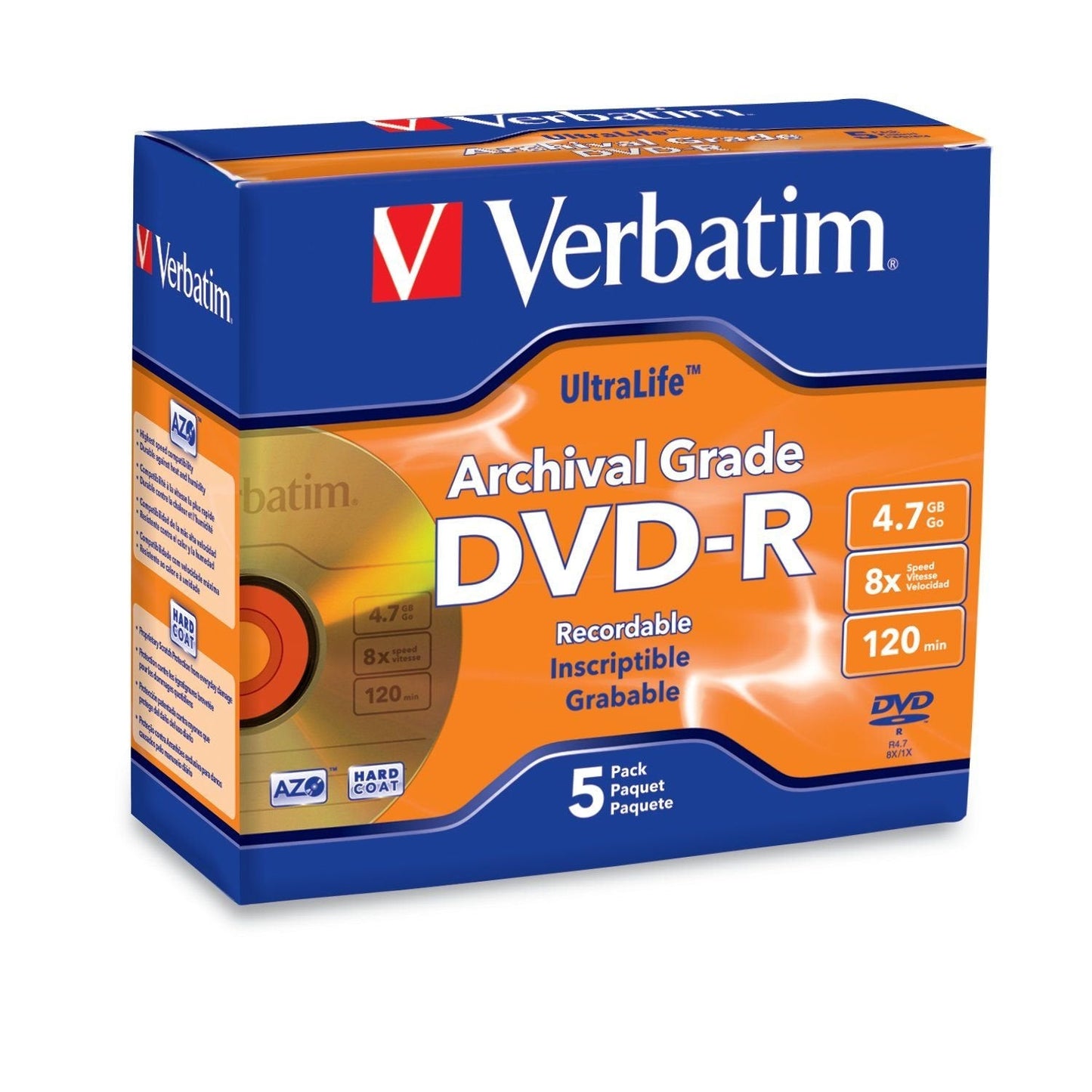 DVD-R 4.7GB 8X UltraLife Gold Archival Grade - Branded Surface & Hard Coat - 5pk Jewel Case - 96320