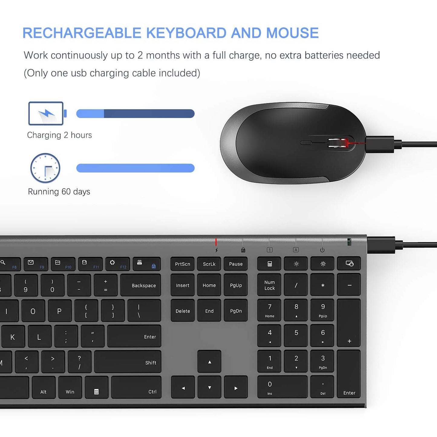 Wireless Keyboard and Mouse, 2.4GHz Rechargeable Compact Quiet Full-Size Keyboard and Mouse Combo with Nano USB Receiver for Windows, Laptop, PC, Notebook-Dark Gray