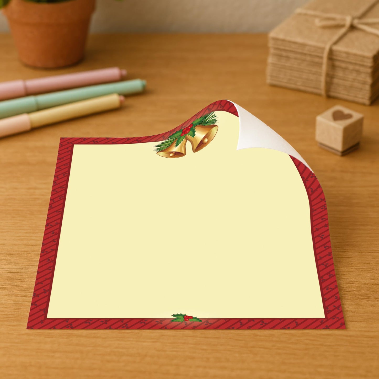 Holiday Paper with Red Border and Gold Bells, 80 Sheets