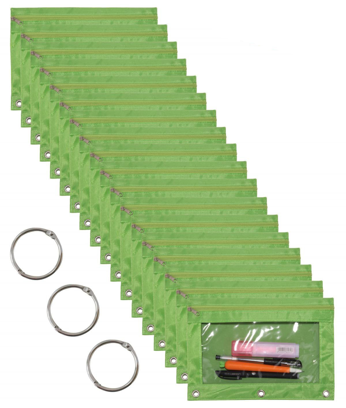 18-Pack Green 3-Ring Pencil Pouch with Clear Window