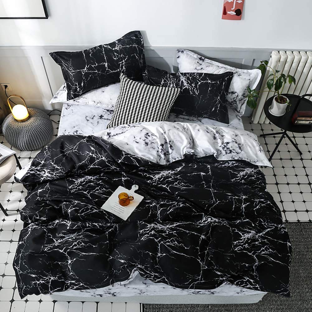 Black Marble Duvet Cover Full with Zipper Reversible White Marble Bedding Set 3 Pcs Black and White Marble Texture Comforter Cover, Modern Style Bed Quilt for Men and Women