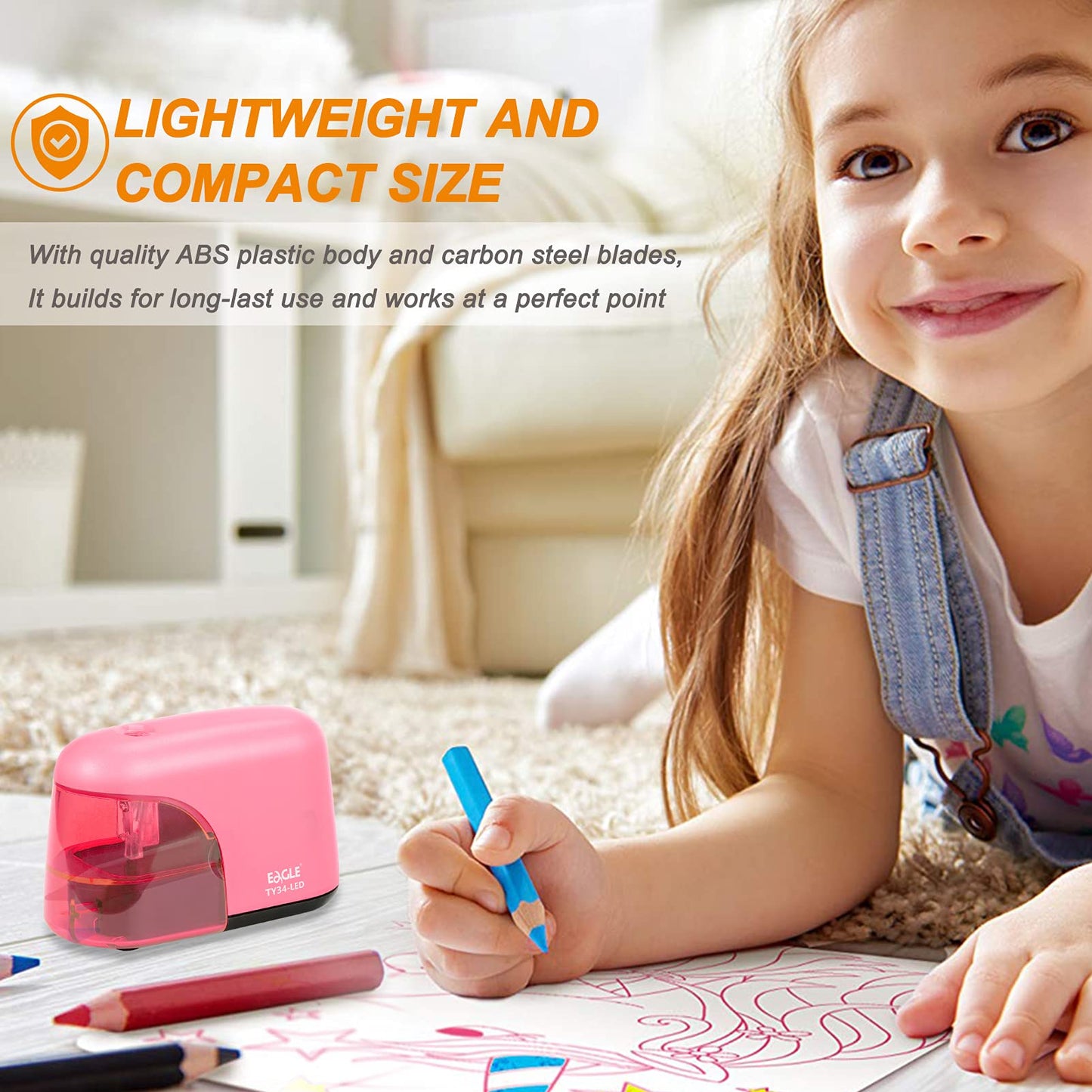 Pink battery-powered pencil sharpener with LED light