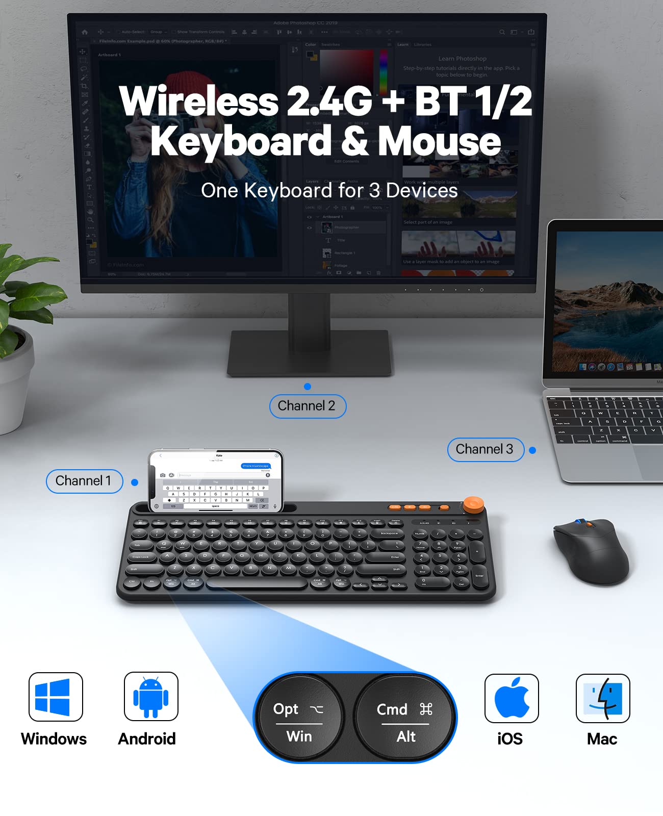 Bluetooth Keyboard and Mouse Wireless, Multi-Device Rechargeable Keyboard and Mouse Combo with Phone Holder, Dual-Mode (Bluetooth 5.0+3.0+2.4GHz), Compatible with Mac/Windows/iOS/Android