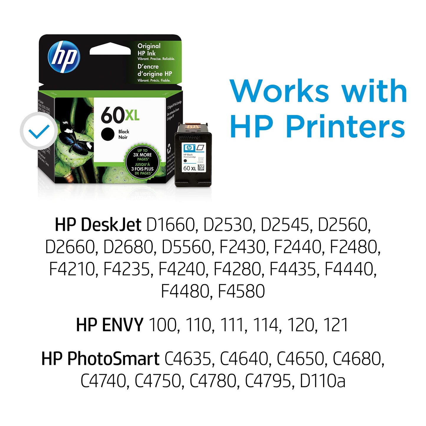 Original 60XL Black High-yield Ink Cartridge | Works with DeskJet D1660, D2500, D2600, D5560, F2400, F4200, F4400, F4580; ENVY 100, 110, 120; PhotoSmart C4600, C4700, D110a Series | CC641WN