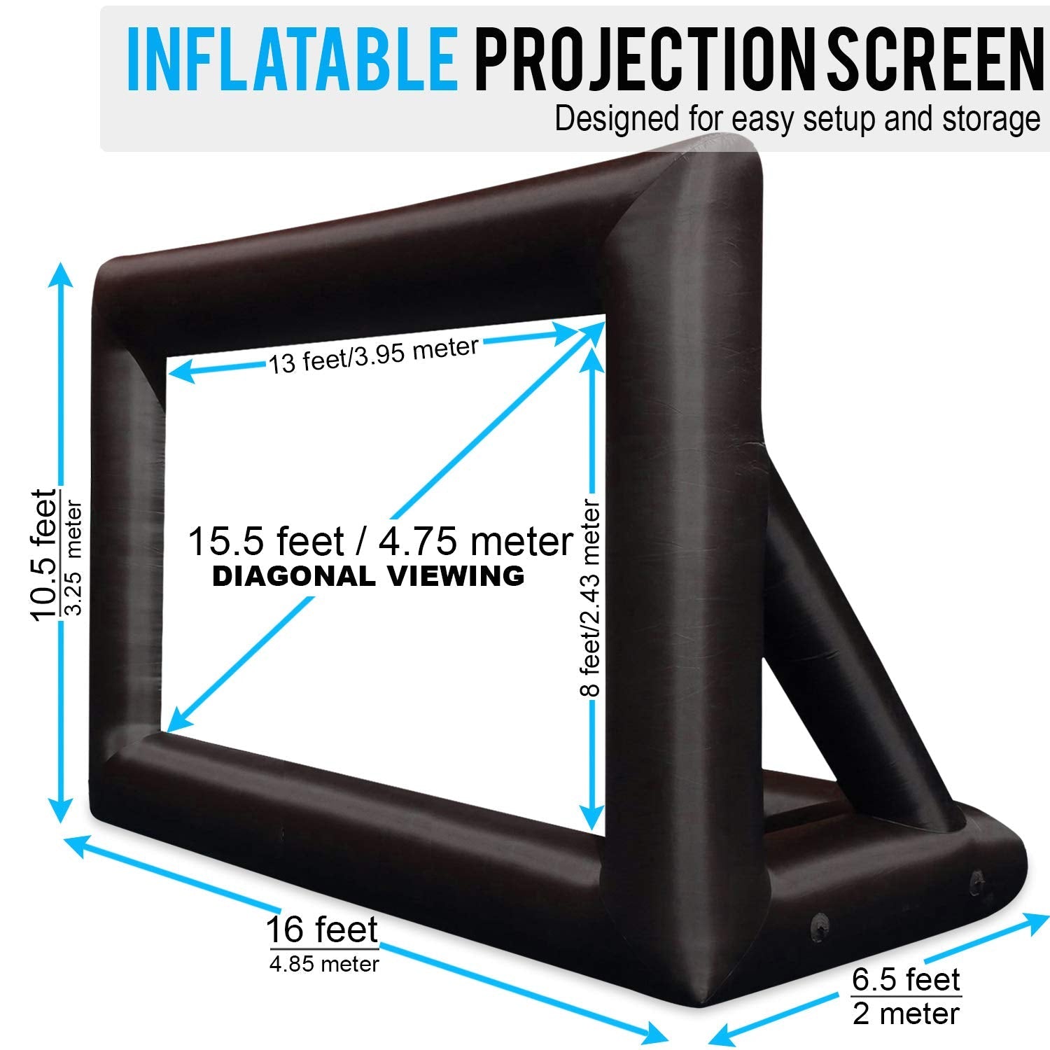 Jumbo 20 Feet Inflatable Outdoor and Indoor Theater Projector Screen - Includes Inflation Fan, Tie-Downs and Storage Bag - Supports Front and Rear Projection, Black (GER-1161)