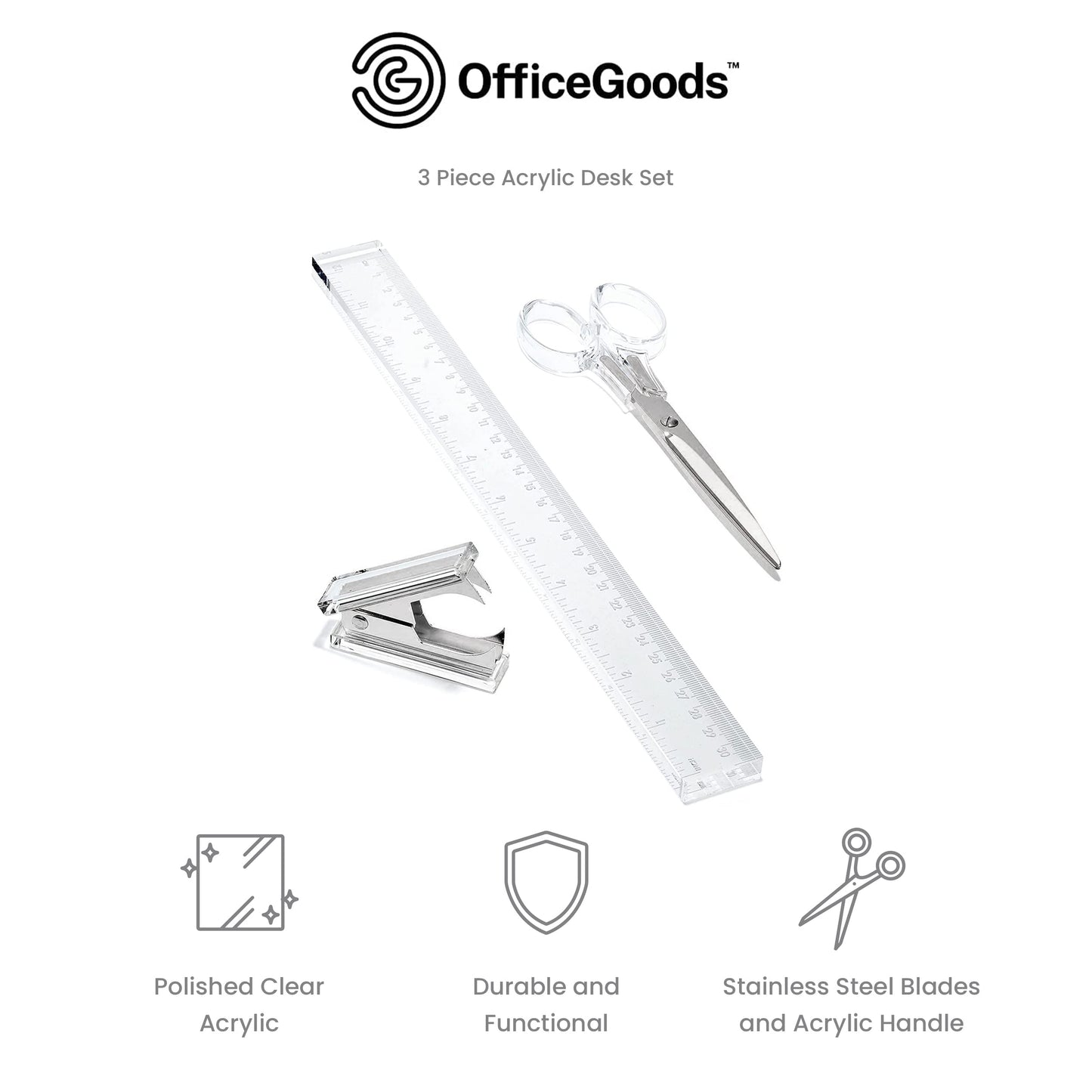 3-Piece Acrylic Desk Set with Ruler, Staple Remover, Scissors
