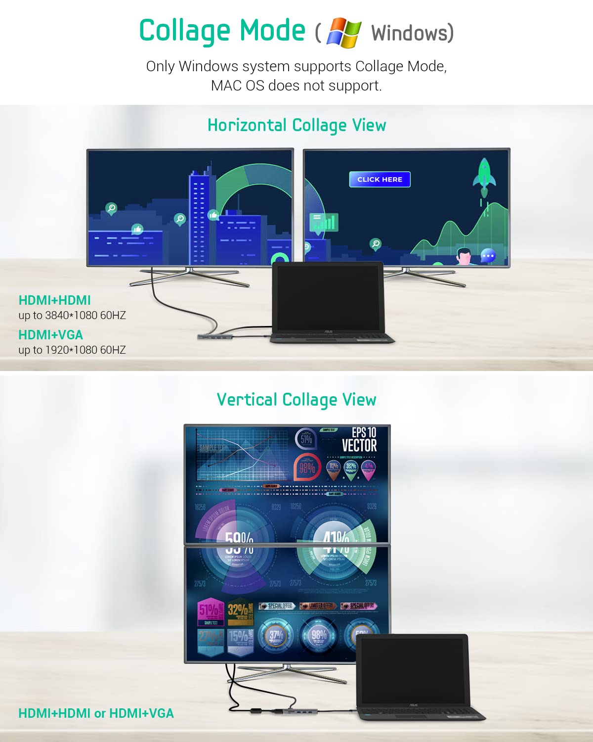 Docking Station, USB C Hub, 9 in 1 Triple Display Docking Station with Collage Display Mode, Dual 4K HDMI, VGA, 100W PD, 3 USB 3.0 and TF/SD Card Reader for MacBook Pro Air and Type-C Laptops