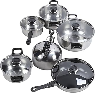 Six-piece stainless steel cookware set with pots, pans, and utensils