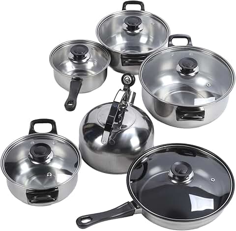 Six-piece stainless steel cookware set with pots, pans, and utensils