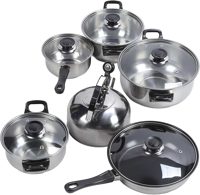 Six-piece stainless steel cookware set with pots, pans, and utensils