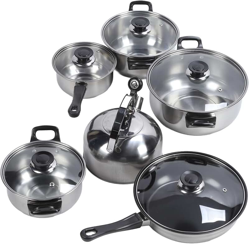 Six-piece stainless steel cookware set with pots, pans, and utensils