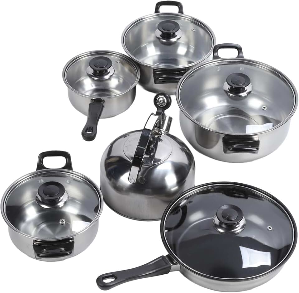 Six-piece stainless steel cookware set with pots, pans, and utensils