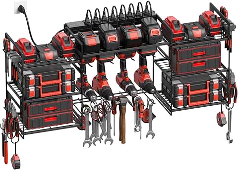 Black Power Tool Organizer with Storage and Charging Station