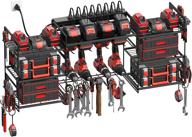 Black Power Tool Organizer with Storage and Charging Station