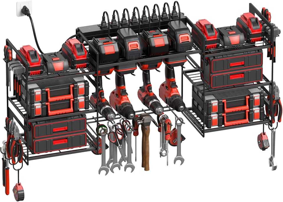 Black Power Tool Organizer with Storage and Charging Station